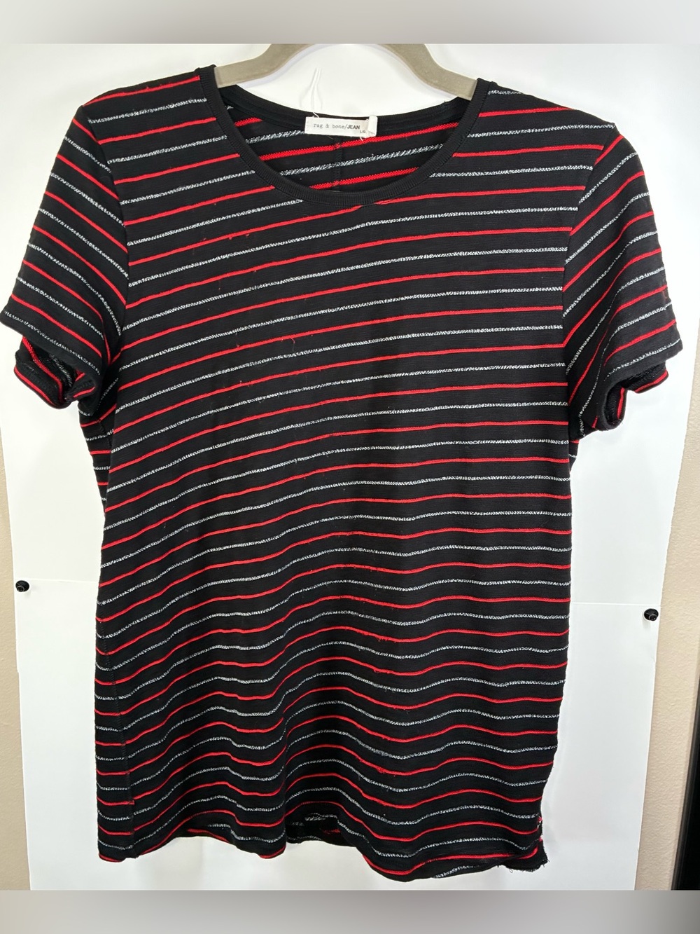 rag & bone /JEAN Black Red Gray Striped Short Sleeve Tee Women's Size Large